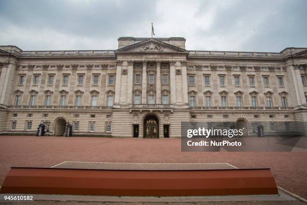 Guards in greatcoats on sentry duty at Buckingham Palace in London on February 2018