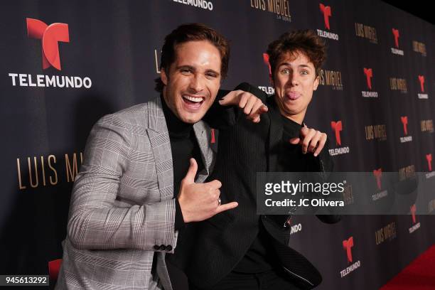 Actors Diego Boneta and Juanpa Zurita attend the screening of Telemundo's 'Luis Miguel La Serie' at a Private Residence on April 12, 2018 in Beverly...