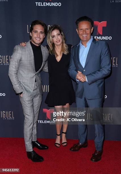 Actor Diego Boneta, producers Carla Gonzalez-Vargas and Mark Burnett attend the screening of Telemundo's 'Luis Miguel La Serie' at a Private...