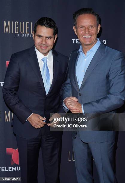 NBCUniversal executive Cesar Conde and producer Mark Burnett attend the screening of Telemundo's 'Luis Miguel La Serie' at a Private Residence on...