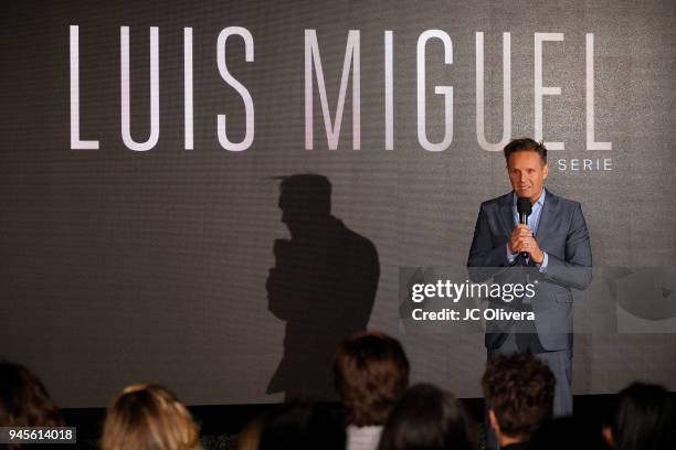 Producer Mark Burnett speaks during the screening of Telemundo's 'Luis Miguel La Serie' at a Private Residence on April 12, 2018 in Beverly Hills,...