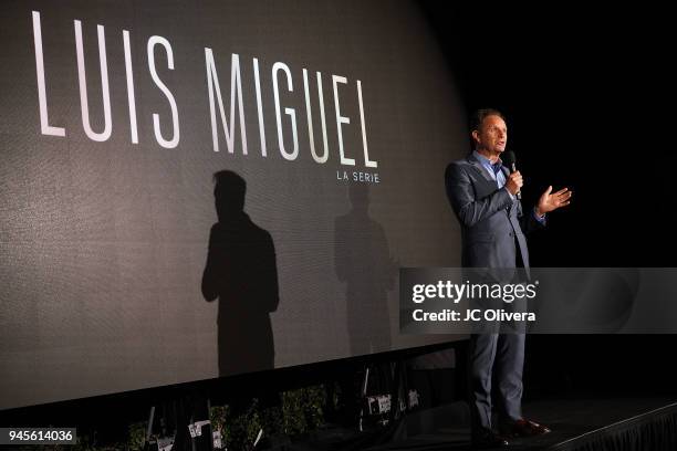 Producer Mark Burnett speaks during the screening of Telemundo's 'Luis Miguel La Serie' at a Private Residence on April 12, 2018 in Beverly Hills,...