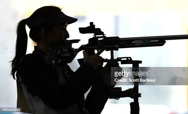 Xiang Wei Jasmine Ser of Singapore in action in the Women's 50m Rifle 3 Positions Finals during the Shooting on day nine of the Gold Coast 2018...