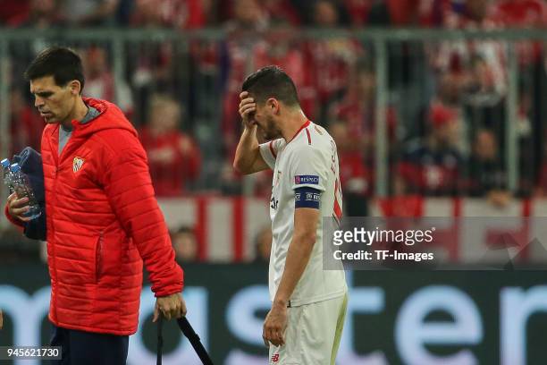 Sergio Escudero of Sevilla looks dejected during the UEFA Champions League quarter final second leg match between Bayern Muenchen and Sevilla FC at...