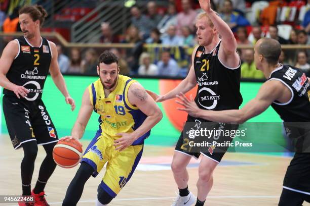 Dominik Spohr and Seth Hinrichs in action during the Hagen and Rasta Vechta Basketball match where Vechta won with 79-86 score.