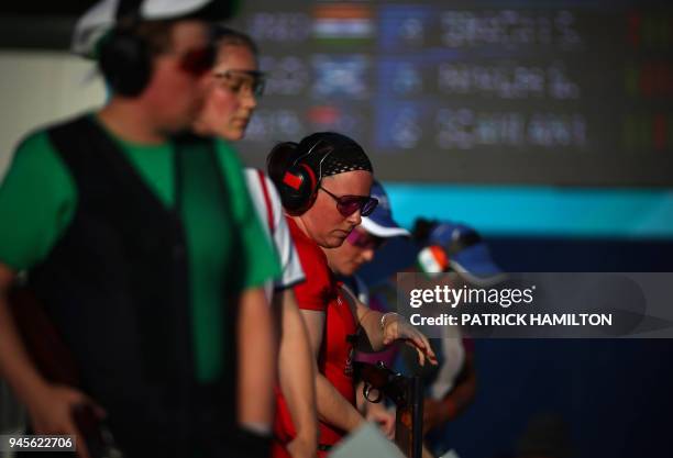 Wales' Sarah Wixley competes in the women's trap shooting final during the 2018 Gold Coast Commonwealth Games at the Belmont Shooting Complex in...