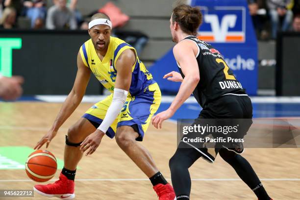 David Godbold and Jeremy Dunbar in action during the Hagen and Rasta Vechta Basketball match where Vechta won with 79-86 score.