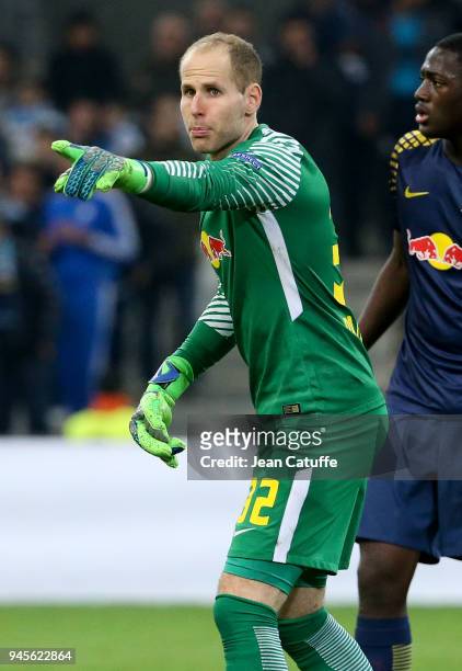 Goalkeeper of RB Leipzig Peter Gulacsi during the UEFA Europa League quarter final leg two match between Olympique de Marseille and RB Leipzig at...