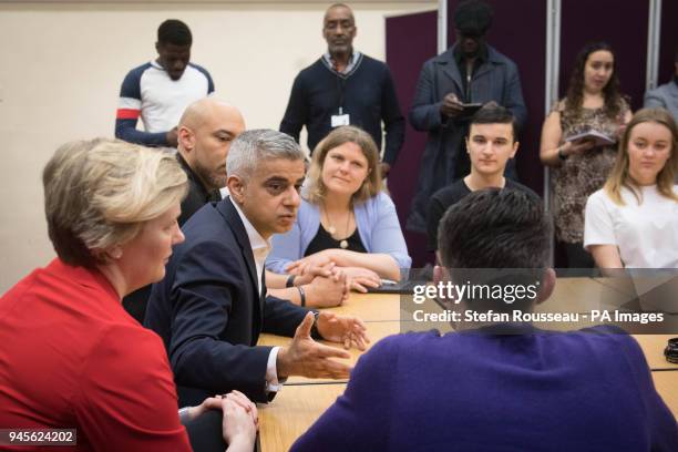 The Mayor of London Sadiq Khan meets staff and service users during a visit to youth project Spark2Life at the Greenleaf Centre, in Walthamstow, east...