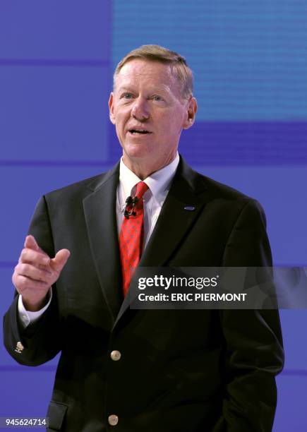 Ford CEO Alan Mulally speaks at the Paris Auto Show on the first of the two press-days on September 30, 2010. The show will open to the public on...