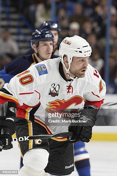 Brian McGrattan of the Calgary Flames skates against the St. Louis Blues on December 15, 2009 at Scottrade Center in St. Louis, Missouri. The Blues...