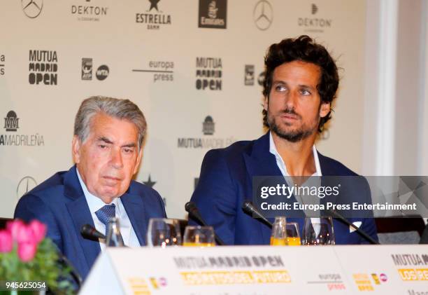 Tennis players Feliciano Lopez and Manolo Santana attend the 'Mutua Madrid Open 'Los retos del futuro' conference at Villamagna hotel on April 12,...