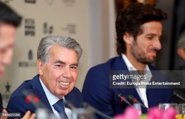 Tennis players Feliciano Lopez and Manolo Santana attend the 'Mutua Madrid Open 'Los retos del futuro' conference at Villamagna hotel on April 12,...