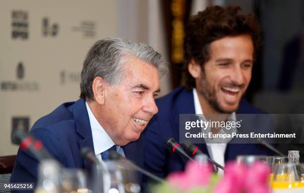 Tennis players Feliciano Lopez and Manolo Santana attend the 'Mutua Madrid Open 'Los retos del futuro' conference at Villamagna hotel on April 12,...