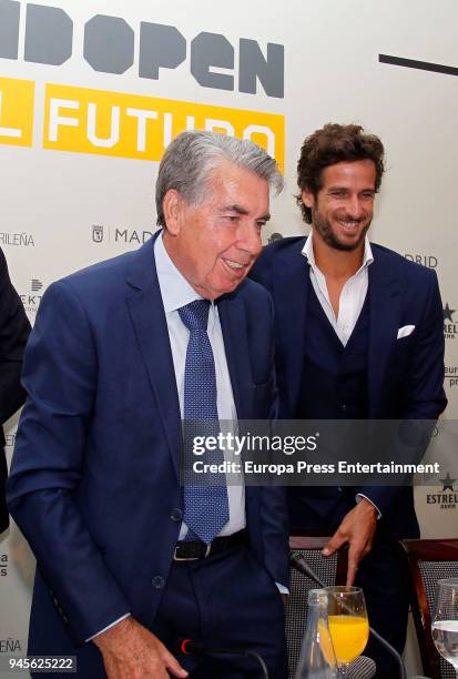 Tennis players Feliciano Lopez and Manolo Santana attend the 'Mutua Madrid Open 'Los retos del futuro' conference at Villamagna hotel on April 12,...