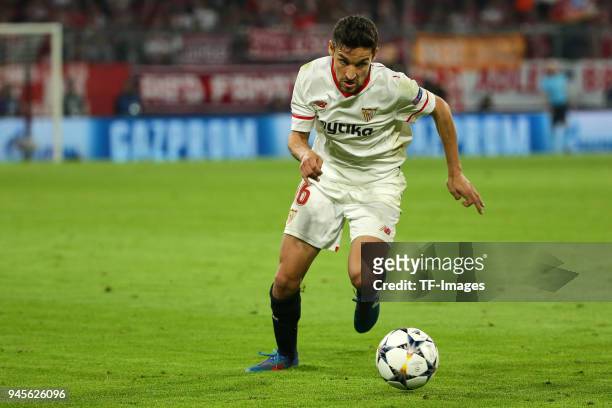 Jesus Navas of Sevilla controls the ball during the UEFA Champions League quarter final second leg match between Bayern Muenchen and Sevilla FC at...