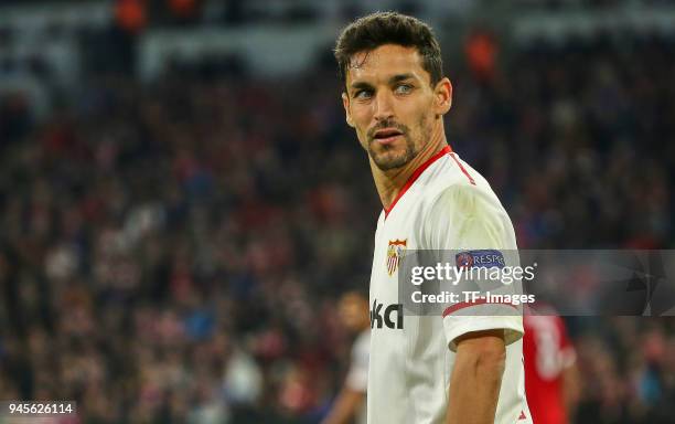 Jesus Navas of Sevilla looks on during the UEFA Champions League quarter final second leg match between Bayern Muenchen and Sevilla FC at Allianz...