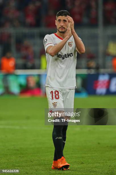 Sergio Escudero of Sevilla claps after the UEFA Champions League quarter final second leg match between Bayern Muenchen and Sevilla FC at Allianz...