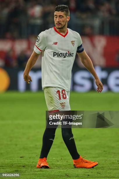 Sergio Escudero of Sevilla looks dejected after the UEFA Champions League quarter final second leg match between Bayern Muenchen and Sevilla FC at...