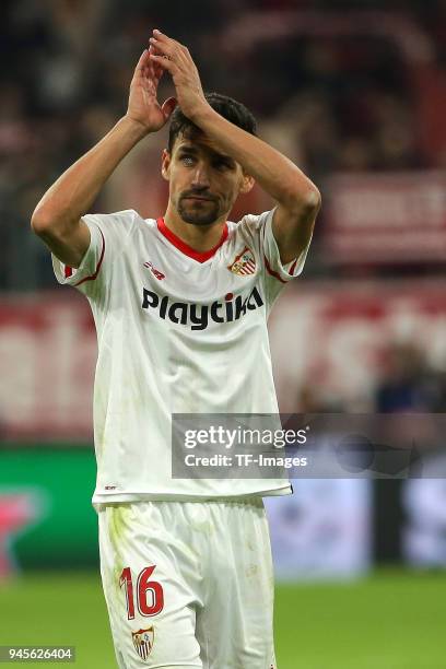 Jesus Navas of Sevilla looks dejected after the UEFA Champions League quarter final second leg match between Bayern Muenchen and Sevilla FC at...