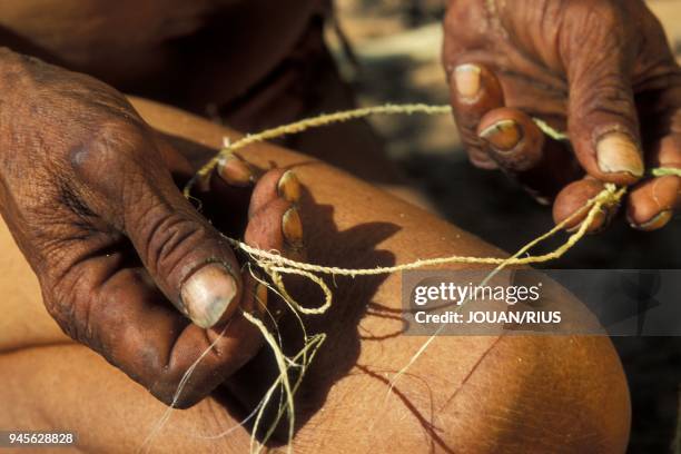 R?ALISATION D'UN LIEN EN FIBRES V?G?TALES, PEUPLE BUSHMAN, NAMIBIE.