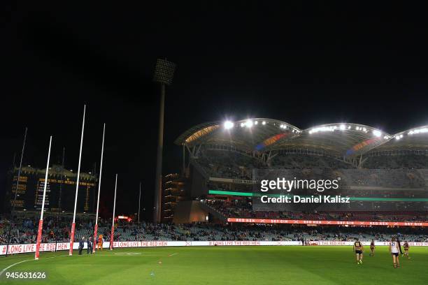 Adelaide Oval is pictured with the main stadium lights turned off prior to the round four AFL match between the Adelaide Crows and the Collingwood...