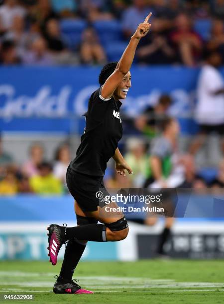Sarah Goss of New Zealand celebrates scoring a try during the Rugby Sevens Women's Pool A match between New Zealand and South Africa on day nine of...