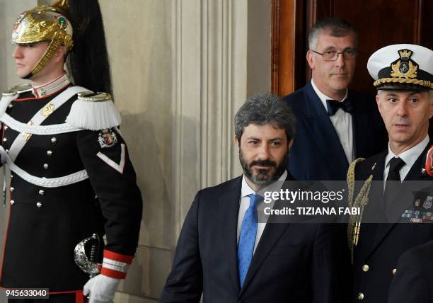 President of the Chamber of Deputies, Roberto Fico leaves after a meeting with Italy's President Sergio Mattarella on the second day of consultations...