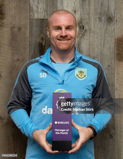 Sean Dyche, Manager of Burnley poses with the Barclays Manager of the Month Award for March 2018 on April 12, 2018 in Burnley, England.