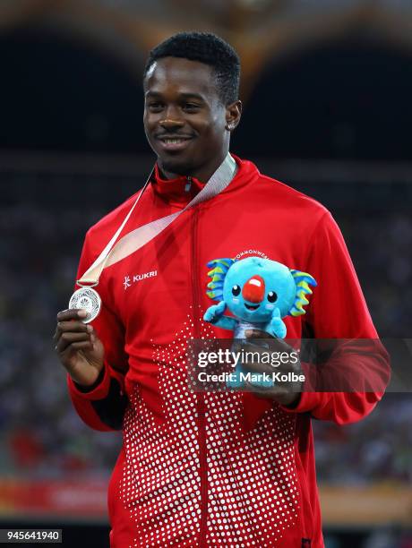 Silver medalist Aaron Brown of Canada looks on during the medal ceremony for the Mens 200 metres during athletics on day nine of the Gold Coast 2018...