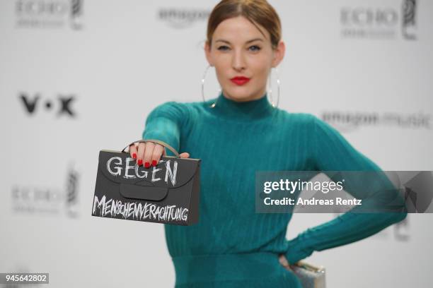 Jeannine Michaelsen arrives for the Echo Award at Messe Berlin on April 12, 2018 in Berlin, Germany.