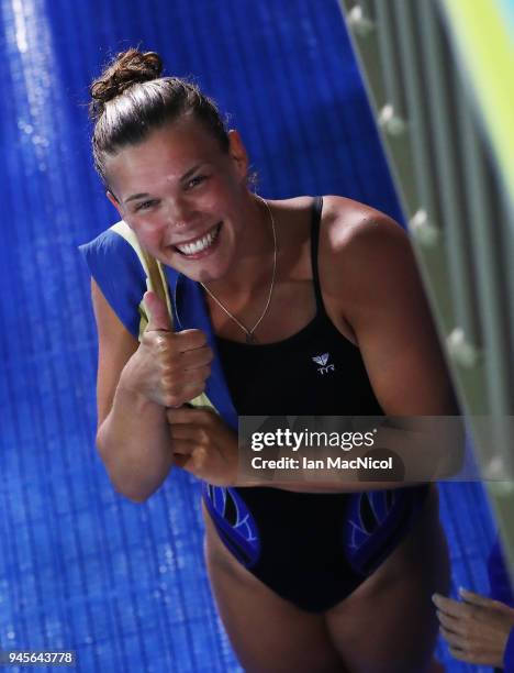 TGrace Reid of Scotland gives a thumbs up after winning the Women's 1m Springboard final during Diving on day nine of the Gold Coast 2018...