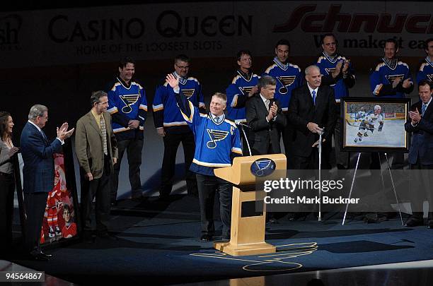 Brett Hull waves to the fans during the Hall of Fame night before a game against the Calgary Flames on December 15, 2009 at Scottrade Center in St....