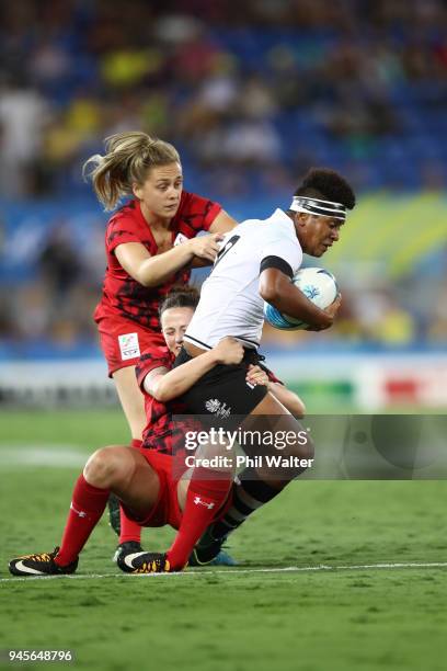 Lavenia Tinai of Fiji heads for a try in the game between Canada and Fiji during Rugby Sevens on day nine of the Gold Coast 2018 Commonwealth Games...