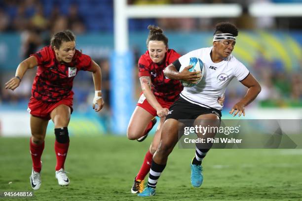 Lavenia Tinai of Fiji heads for a try in the game between Canada and Fiji during Rugby Sevens on day nine of the Gold Coast 2018 Commonwealth Games...