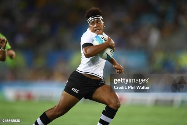 Lavenia Tinai of Fiji heads for a try in the game between Canada and Fiji during Rugby Sevens on day nine of the Gold Coast 2018 Commonwealth Games...