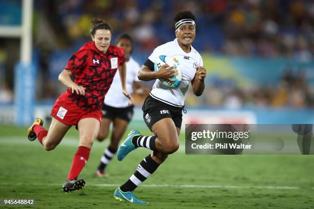 Lavenia Tinai of Fiji heads for a try in the game between Canada and Fiji during Rugby Sevens on day nine of the Gold Coast 2018 Commonwealth Games...