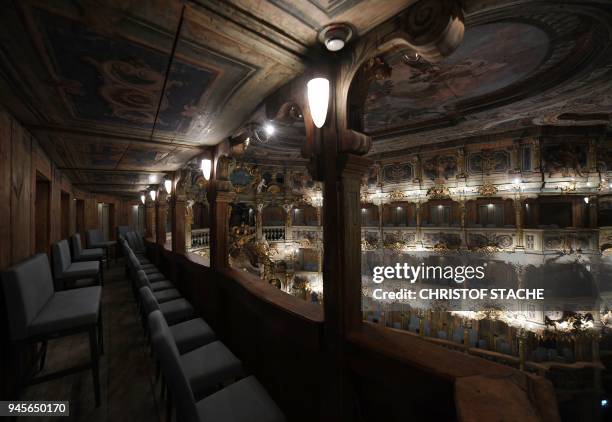 Picture taken on April 13, 2018 shows a view of spectator boxes at the Margravial Opera House in Bayreuth , a day after its official reopening...