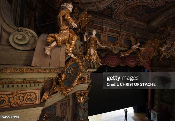 Picture taken on April 13, 2018 shows a view of the stage of the Margravial Opera House in Bayreuth , a day after its official reopening following...