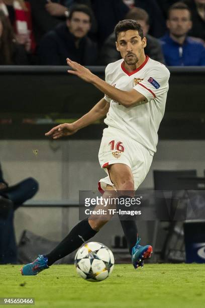 Jesus Navas of Sevilla controls the ball during the UEFA Champions League quarter final second leg match between Bayern Muenchen and Sevilla FC at...