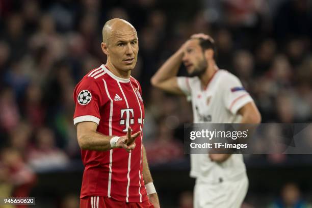 Arjen Robben of Muenchen gestures during the UEFA Champions League quarter final second leg match between Bayern Muenchen and Sevilla FC at Allianz...