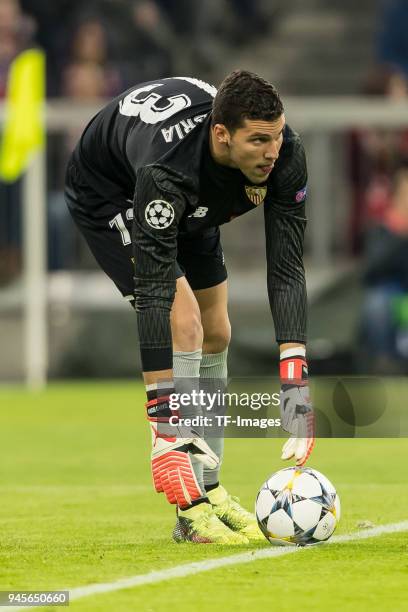 Goalkeeper David Soria of Sevilla puts down the ball during the UEFA Champions League quarter final second leg match between Bayern Muenchen and...