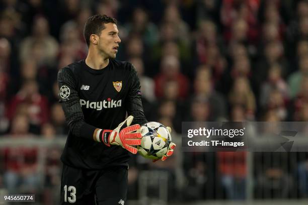 Goalkeeper David Soria of Sevilla holds the ball during the UEFA Champions League quarter final second leg match between Bayern Muenchen and Sevilla...