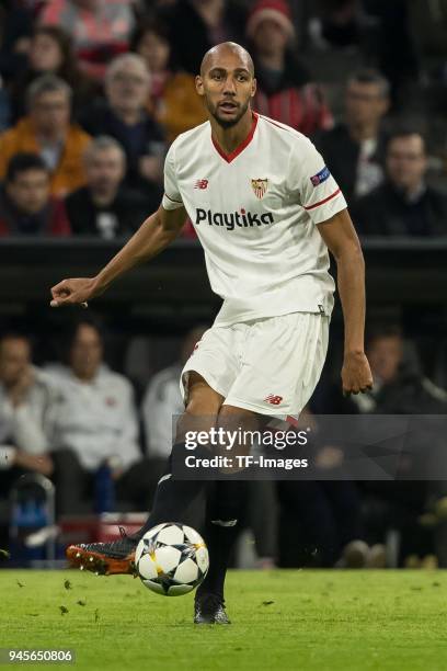 Steven N Zonzi of Sevilla controls the ball during the UEFA Champions League quarter final second leg match between Bayern Muenchen and Sevilla FC at...