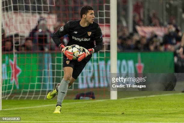 Goalkeeper David Soria of Sevilla holds the ball during the UEFA Champions League quarter final second leg match between Bayern Muenchen and Sevilla...