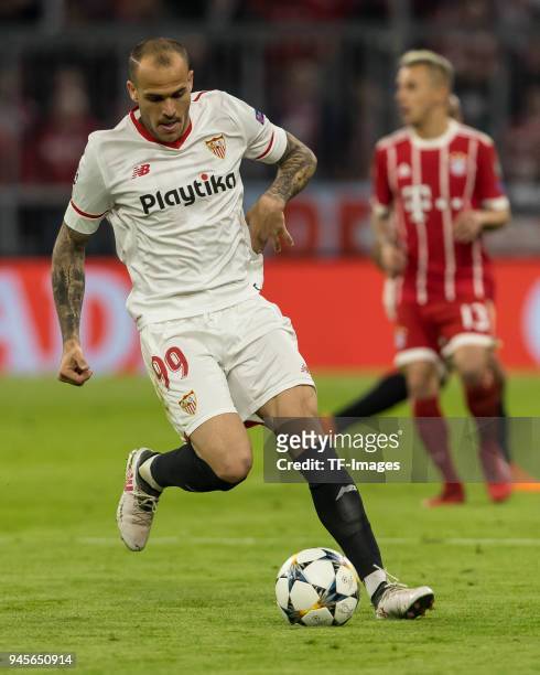 Sandro Ramirez of Sevilla controls the ball during the UEFA Champions League quarter final second leg match between Bayern Muenchen and Sevilla FC at...