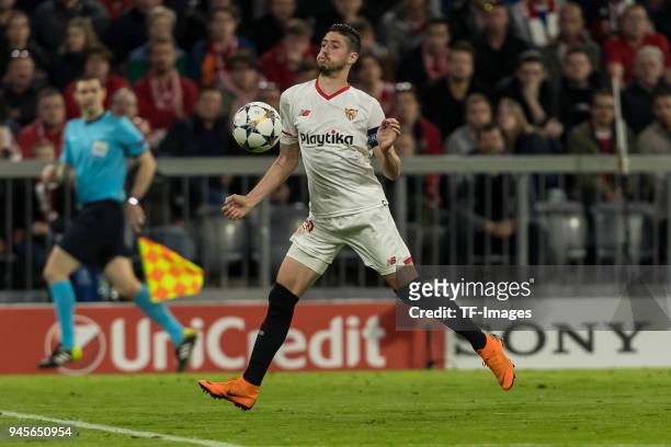 Nicolas Pareja of Sevilla chests the ball during the UEFA Champions League quarter final second leg match between Bayern Muenchen and Sevilla FC at...