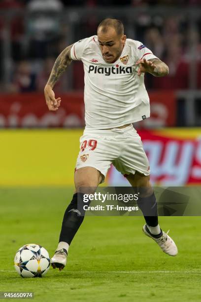 Sandro Ramirez of Sevilla controls the ball during the UEFA Champions League quarter final second leg match between Bayern Muenchen and Sevilla FC at...