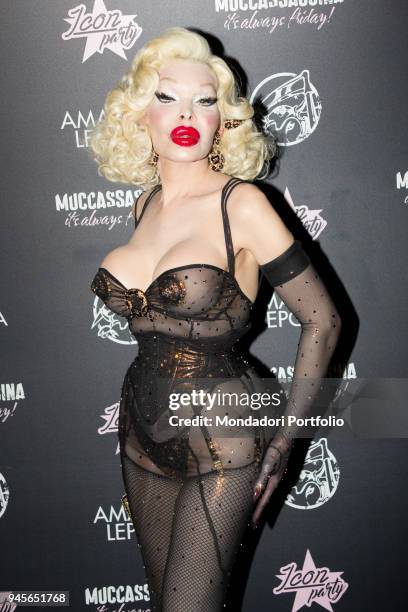 This image contains partial nudity) The American transgender model Amanda Lepore special guest at Muccassassina disco for the publishing of her first...