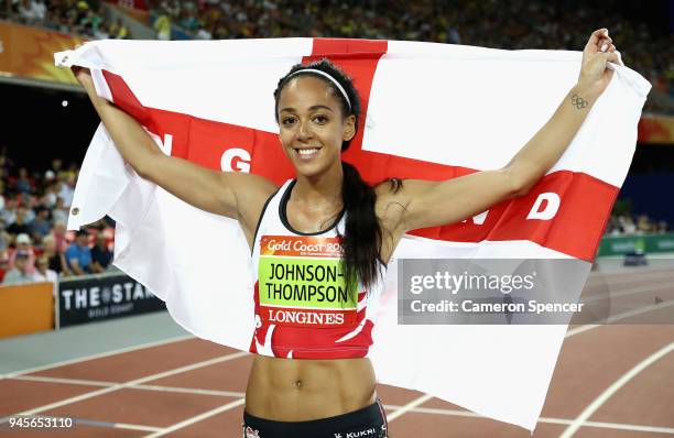 Overall gold medalist Katarina Johnson-Thompson of England celebrates after the Women's Heptathlon 800 metres during athletics on day nine of the...